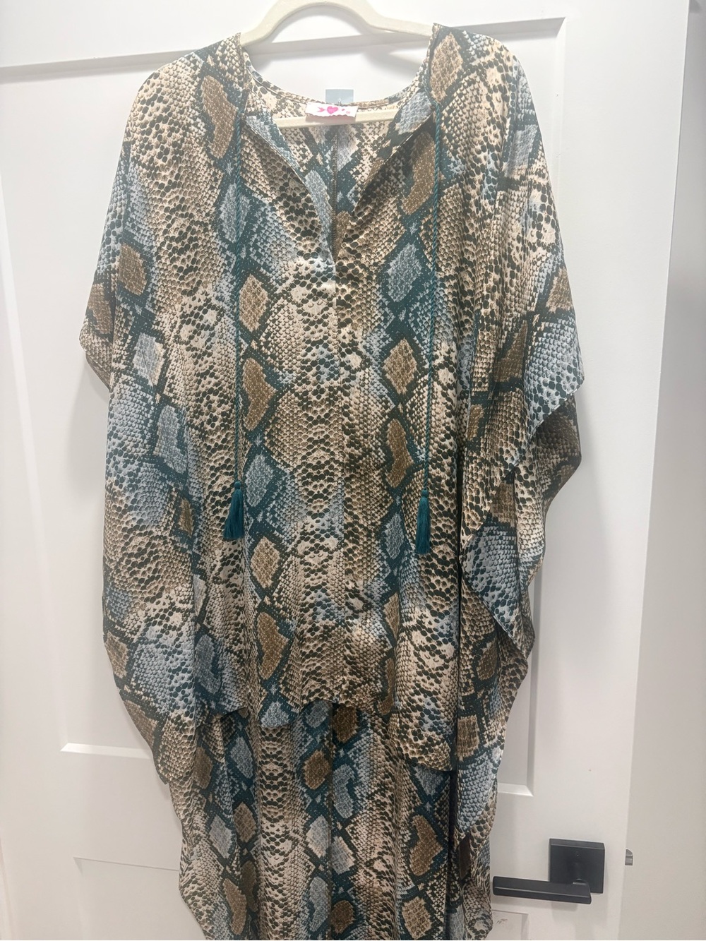 Buddy Love Teal and Beige Snake-Print Tunic with Tassel Ties